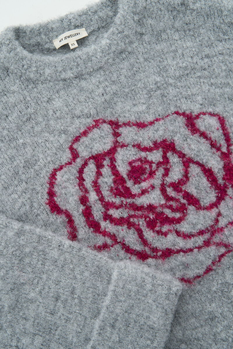 Grey sweater with rose artwork | My Jewellery