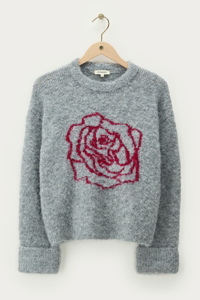 Grey sweater with rose artwork | My Jewellery