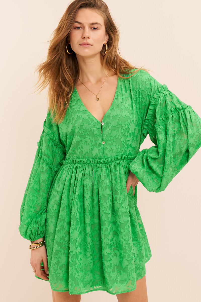 Green jacquard dress with ruffles | My Jewellery