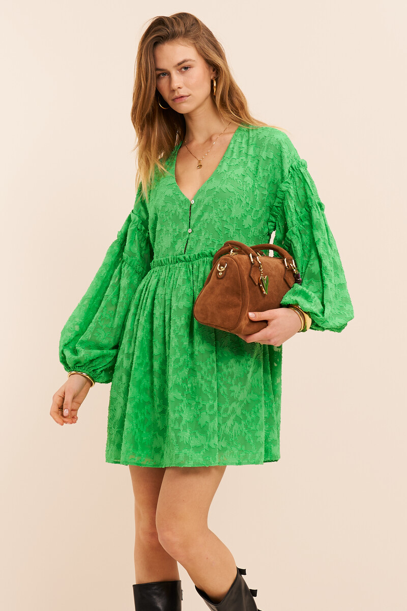 Green jacquard dress with ruffles | My Jewellery