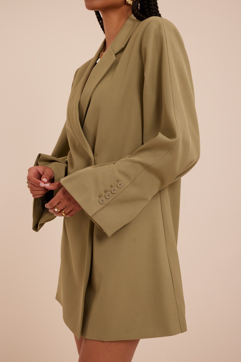 Green blazer dress with pleated sleeves and buttons | My Jewellery