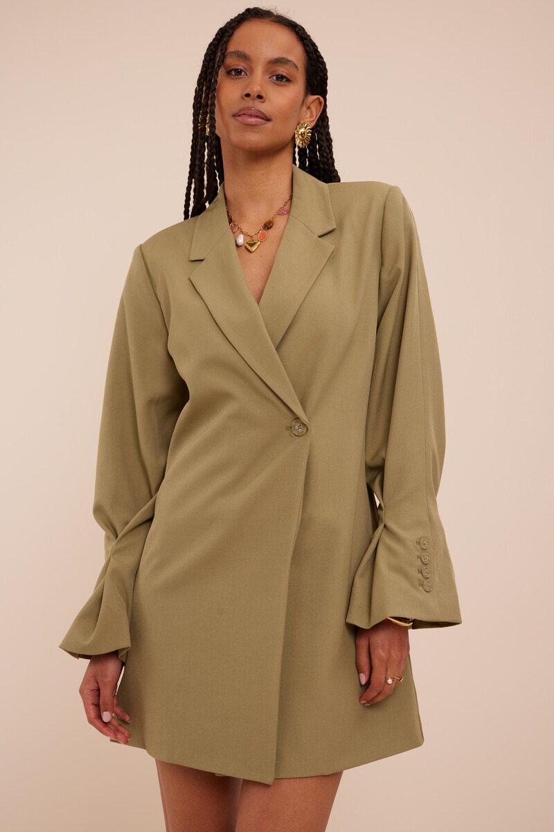 Green blazer dress with pleated sleeves and buttons | My Jewellery