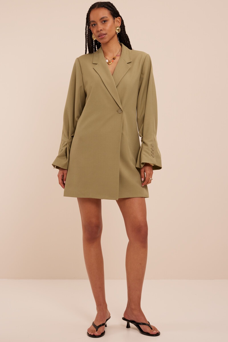Green blazer dress with pleated sleeves and buttons | My Jewellery