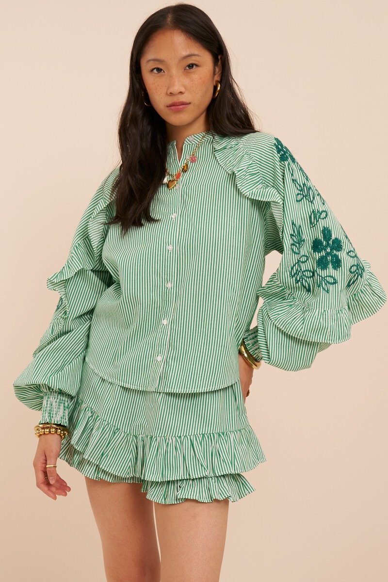 Green blouse with stripes and embroidery | My Jewellery