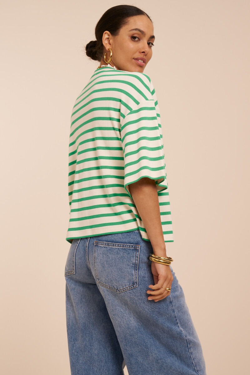 Green boxy T-shirt with white stripes | My Jewellery