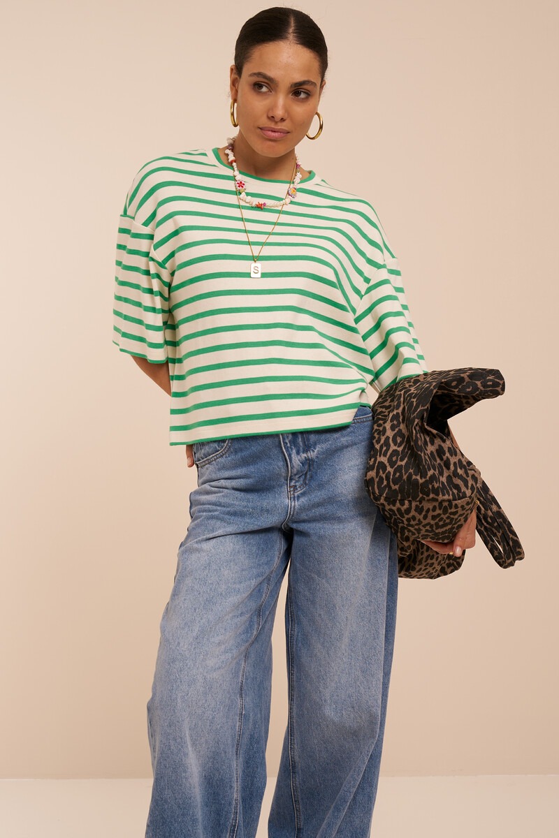Green boxy T-shirt with white stripes | My Jewellery