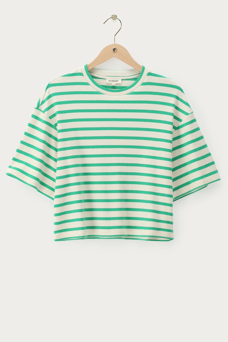 Groen boxy T-shirt met witte strepen