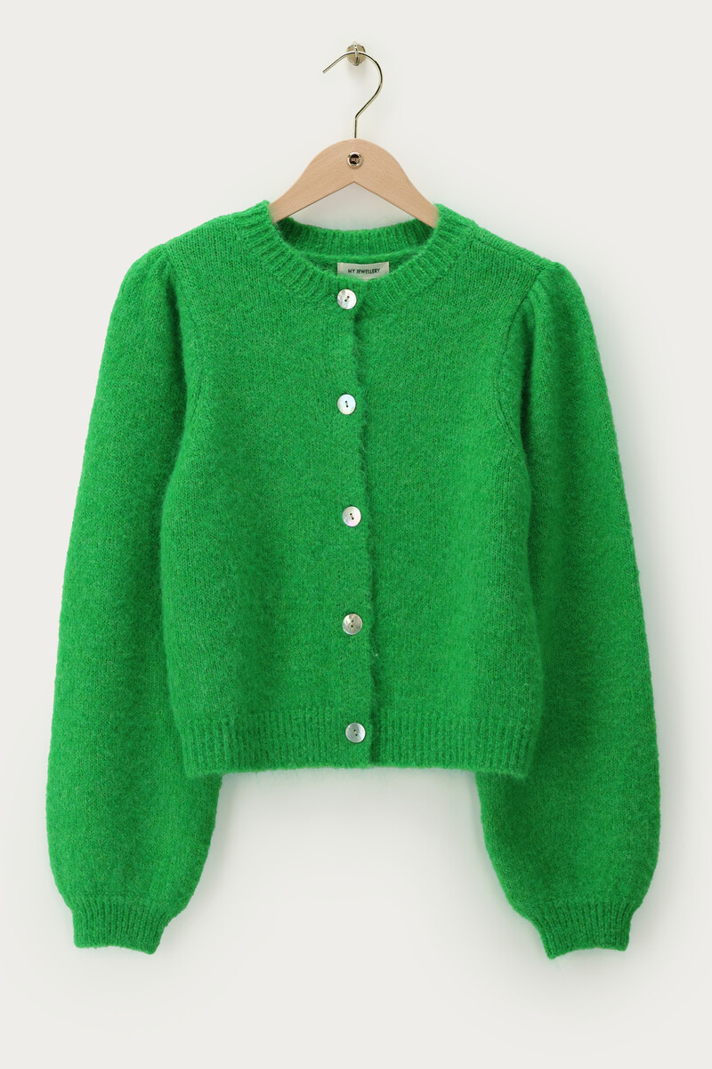 Green cardigan with buttons and puff sleeves | My Jewellery