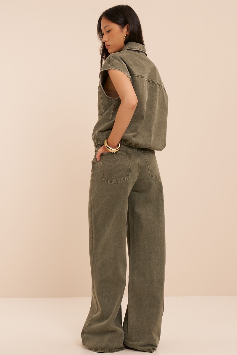 Green denim wide leg jeans