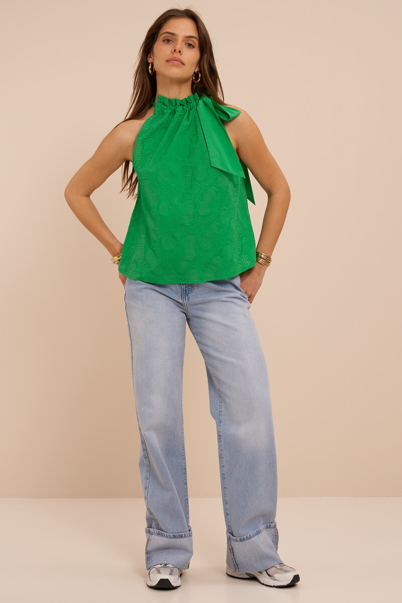 Green halter top with embroidery and bow | My Jewellery