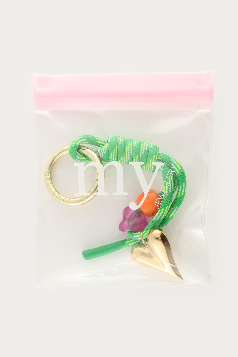 Green hearts bag charm with cord and beads | My Jewellery