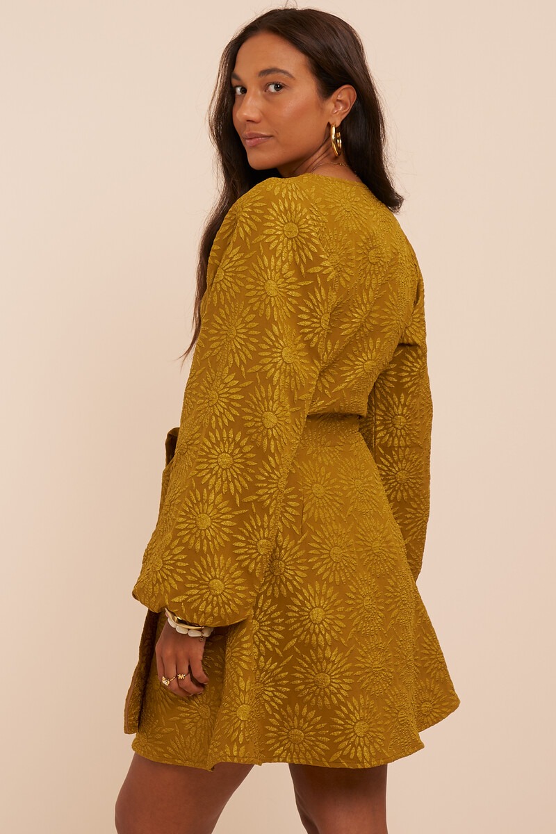 Green jacquard dress with sunflowers | My Jewellery