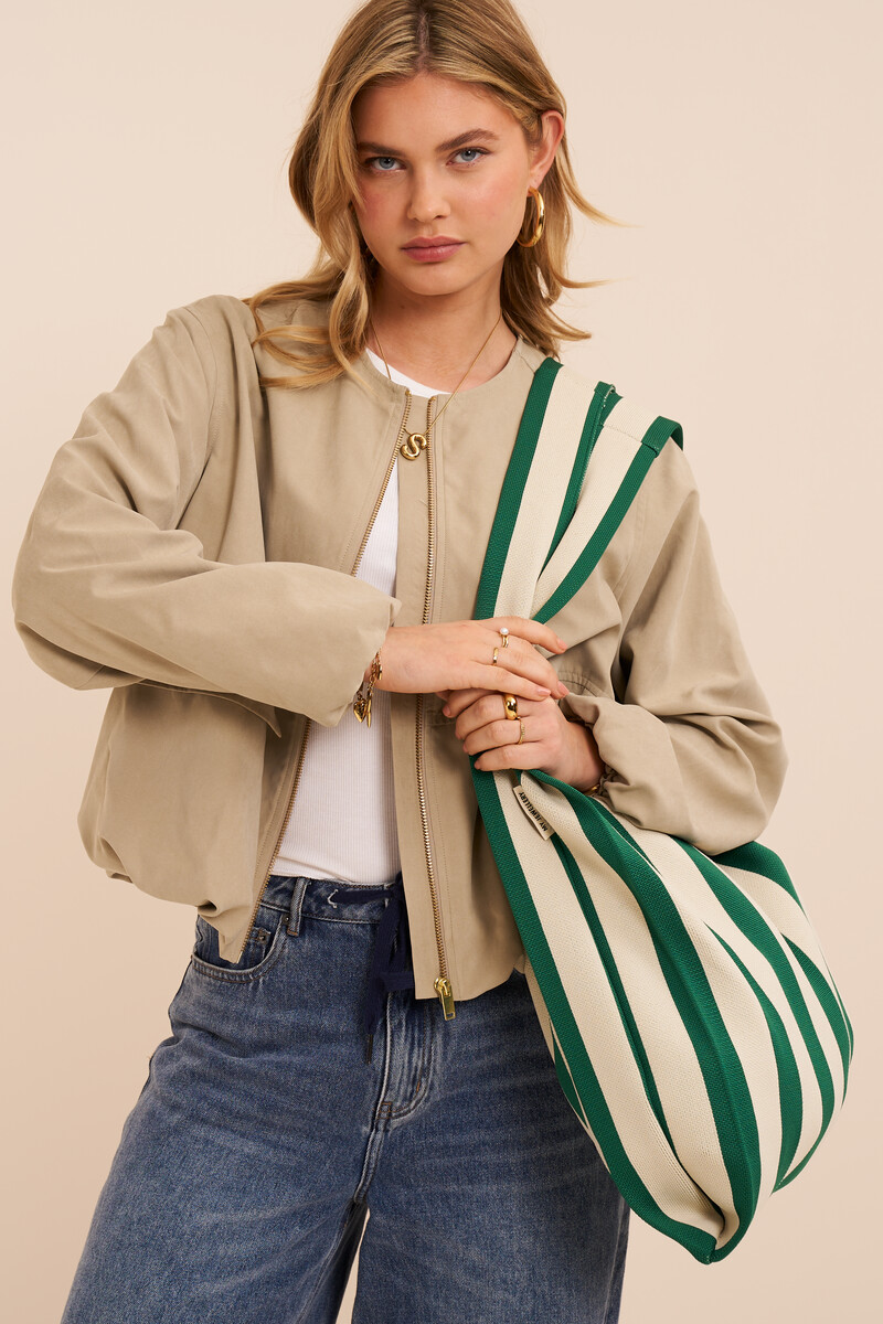 Green large tote bag with beige stripes | My Jewellery