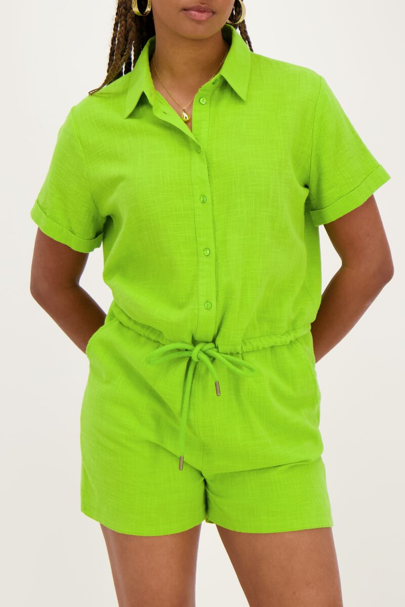 Green linen look playsuit with drawstring | My Jewellery