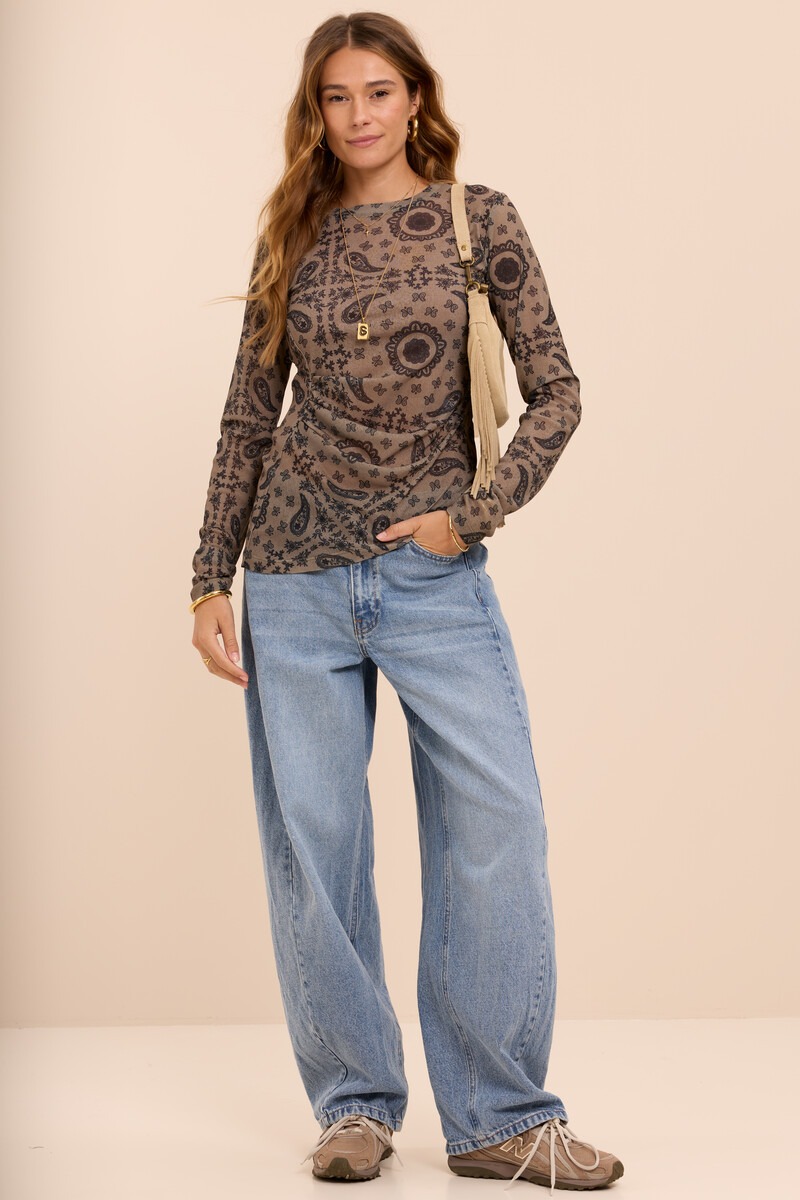 Green mesh top with paisley print and gathering | My Jewellery