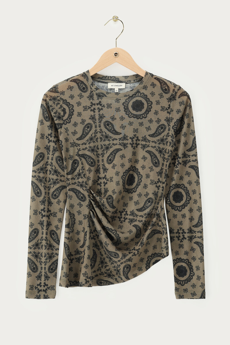 Green Mesh Top with Paisley Print and Gathering | My Jewellery