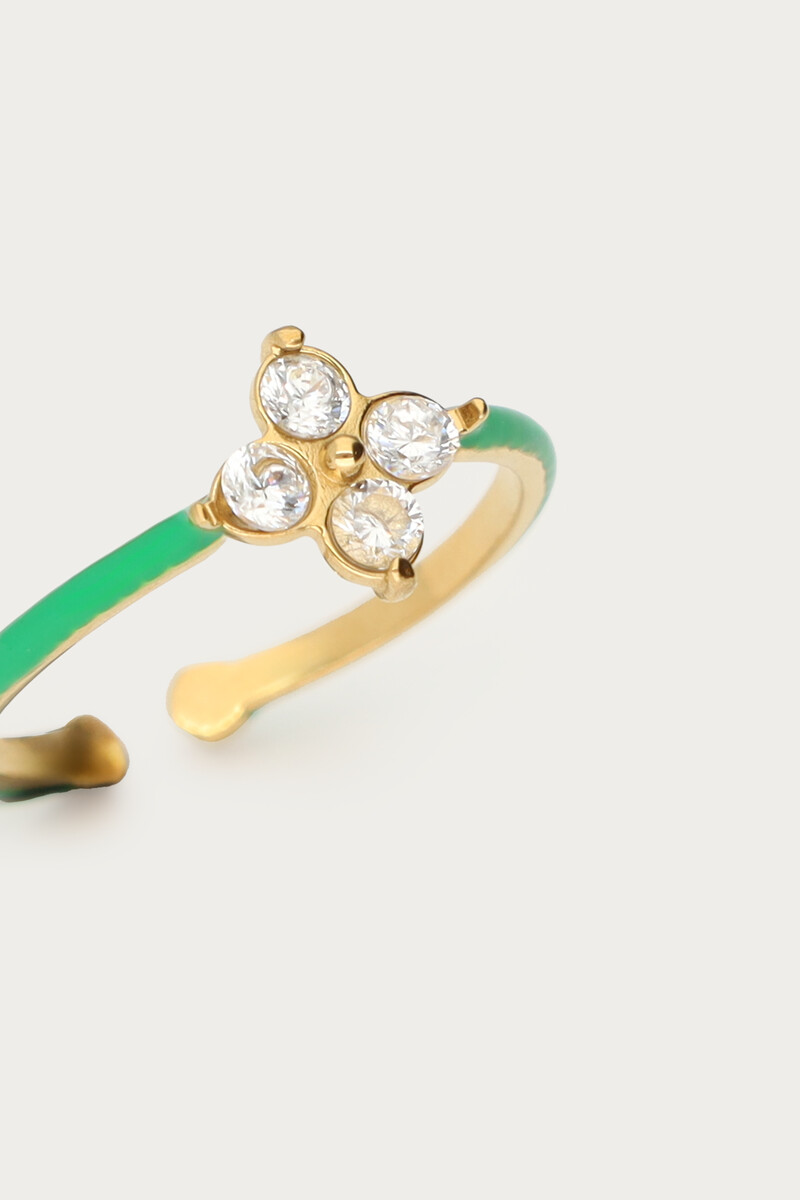 Green minimalist ring with clover rhinestone