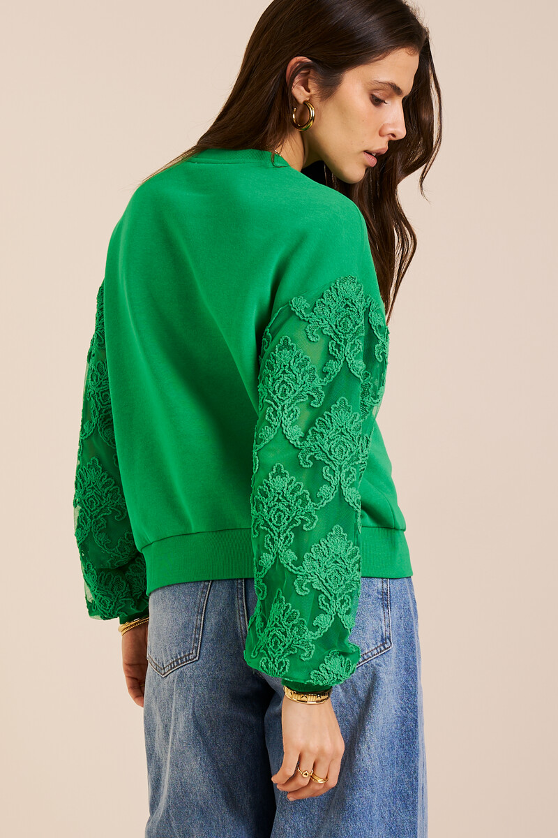 Green sweater with fancy embroidery sleeves | My Jewellery