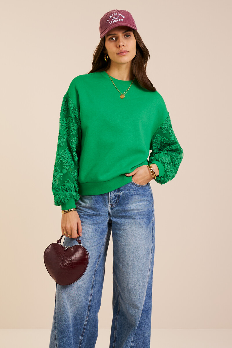 Green sweater with fancy embroidery sleeves | My Jewellery