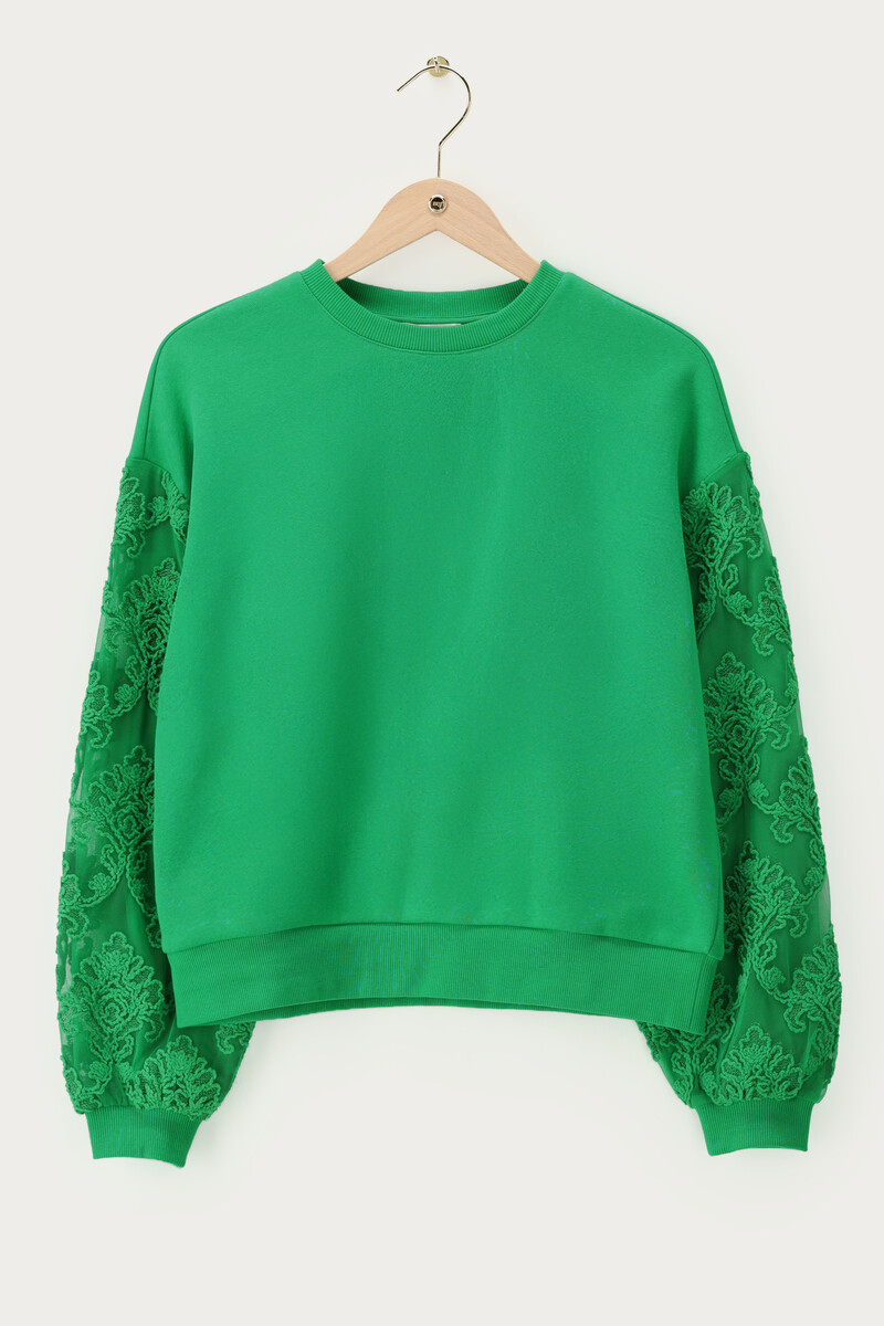 Green sweater with fancy embroidery sleeves | My Jewellery