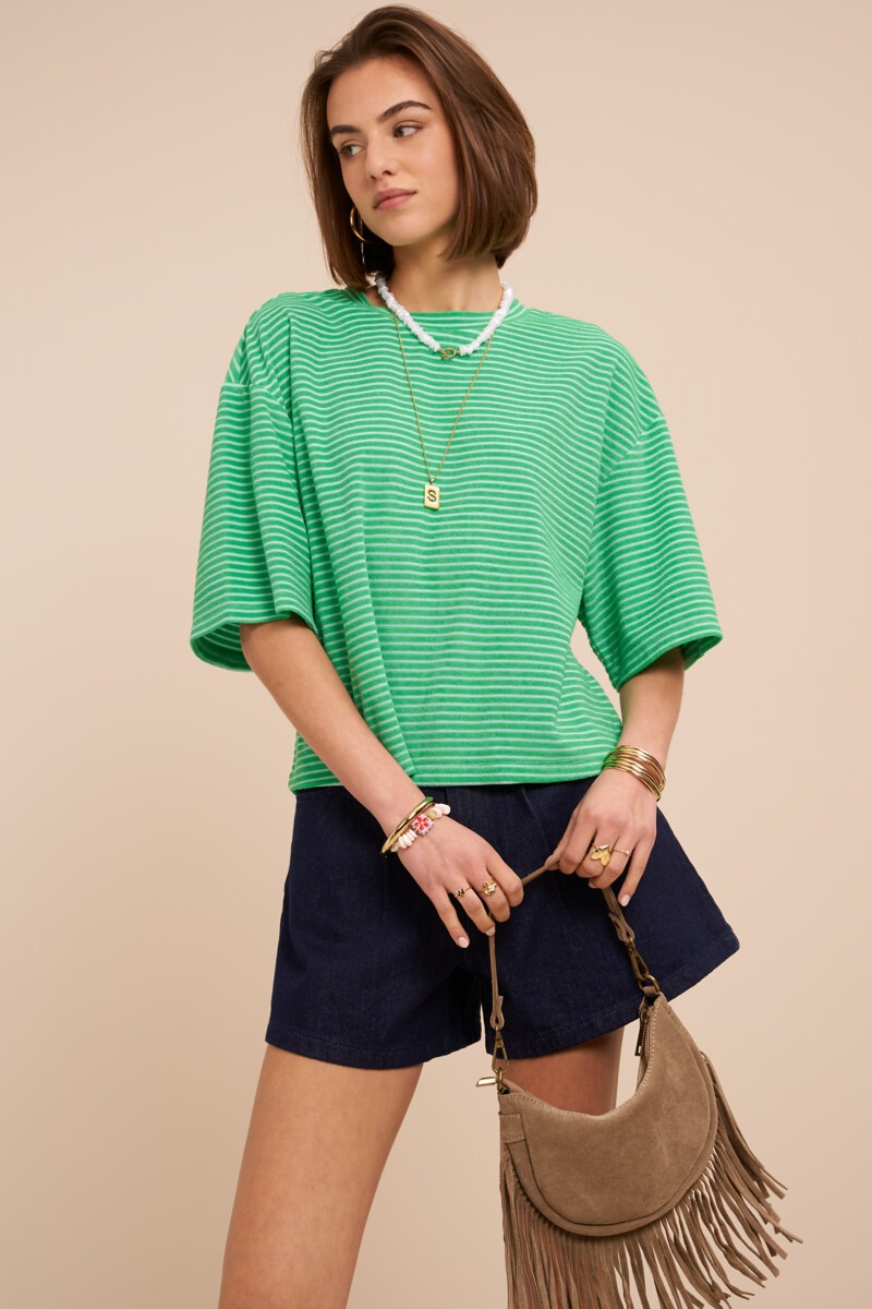 Green terry T-shirt with stripes | My Jewellery