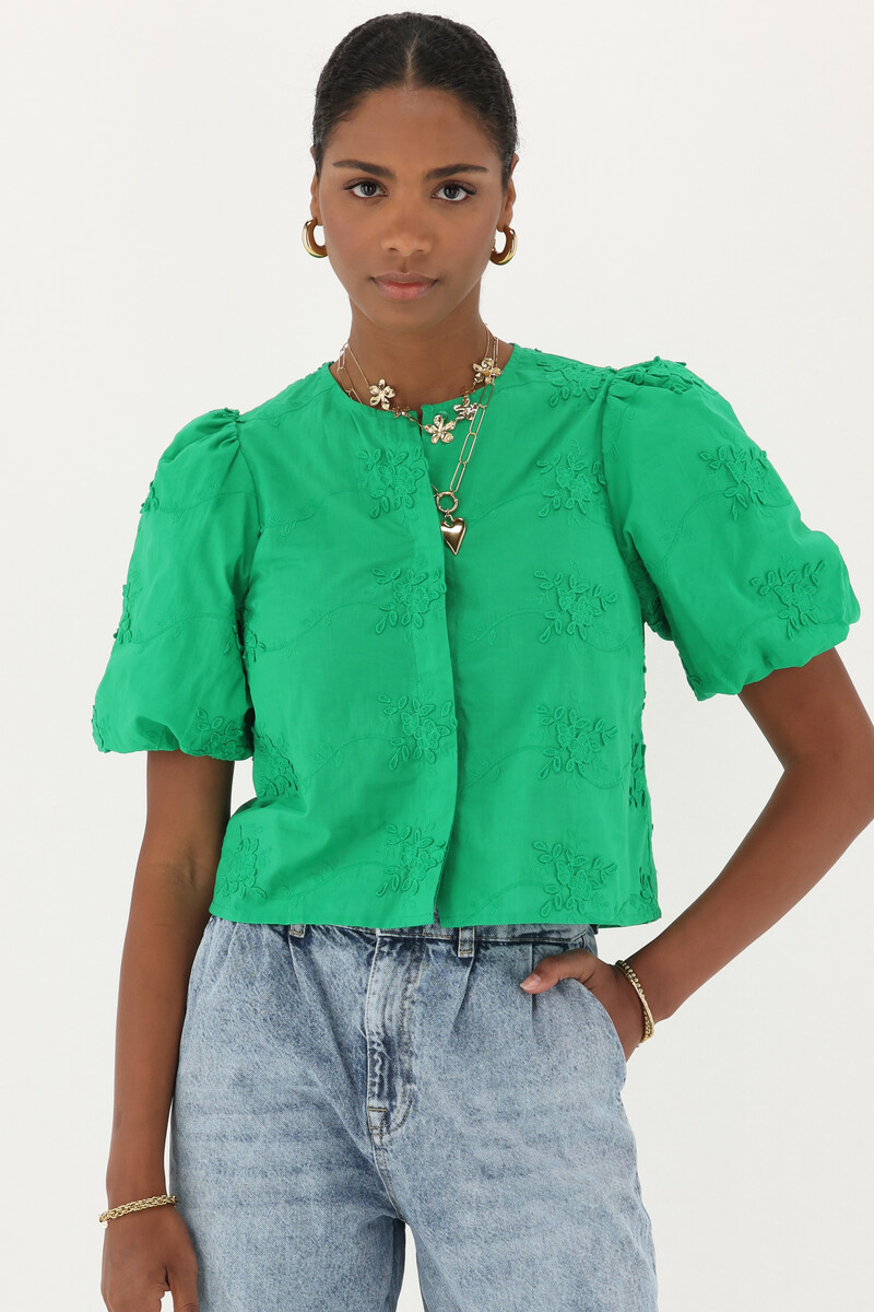 Green top with puff sleeves & floral embroidery | My Jewellery