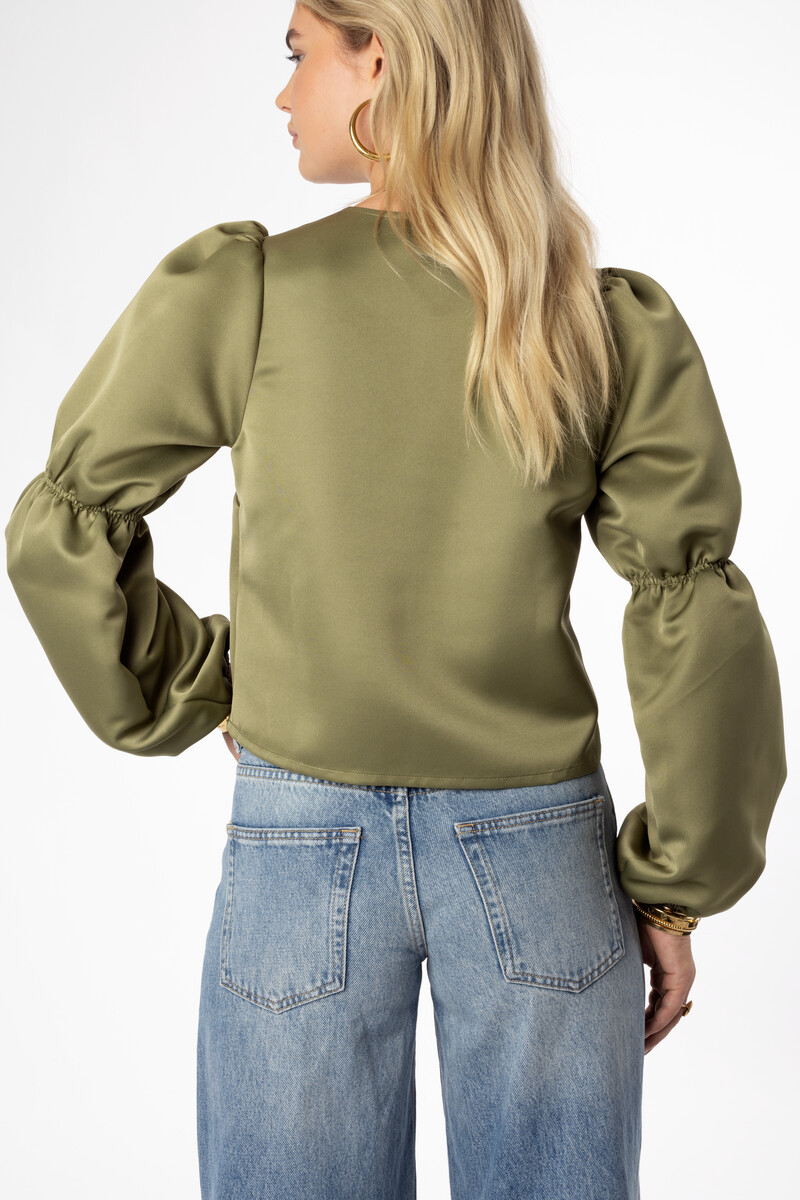 Green top with puff sleeves in satin look | My Jewellery