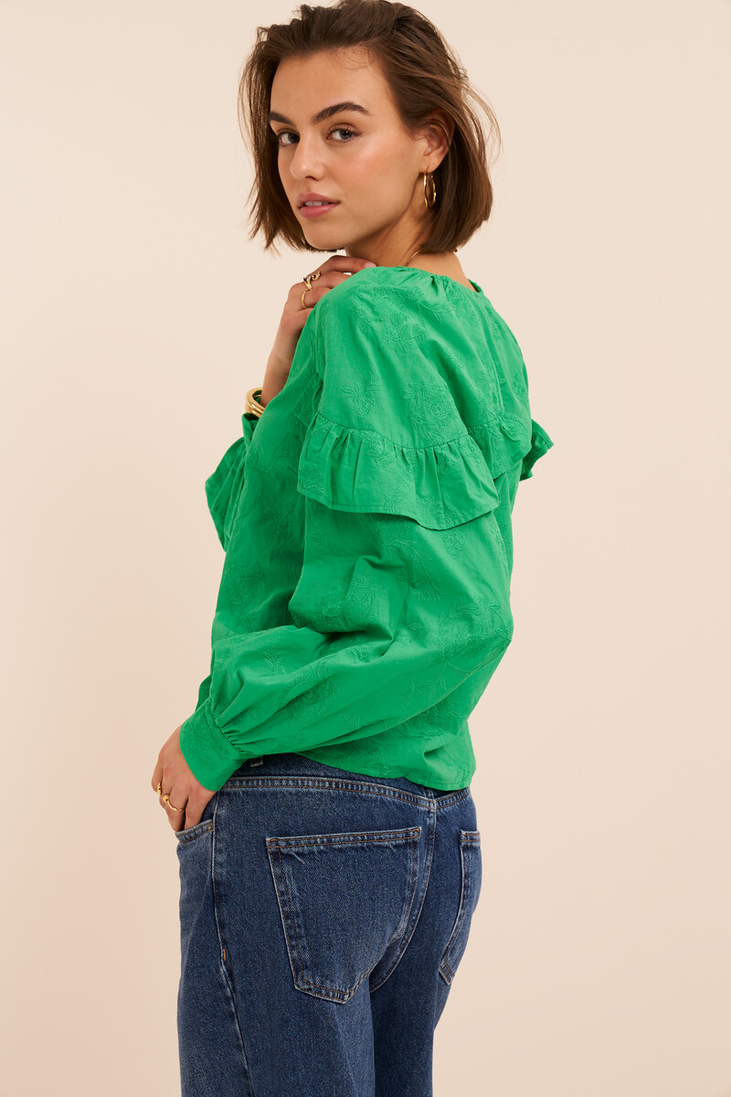 Green top with ruffles and embroidery details | My Jewellery