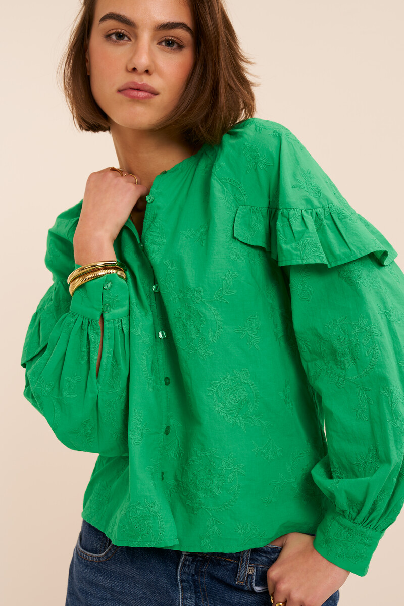 Green top with ruffles and embroidery details | My Jewellery
