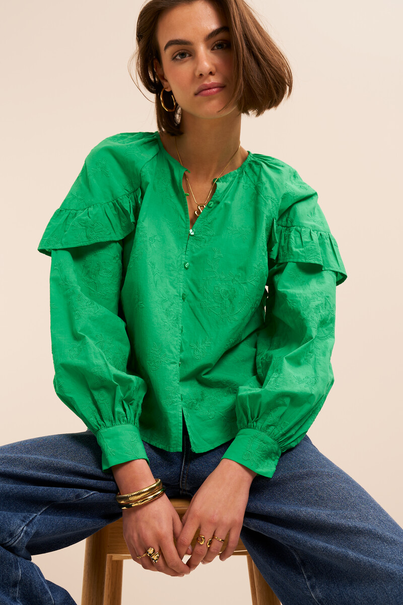 Green top with ruffles and embroidery details | My Jewellery