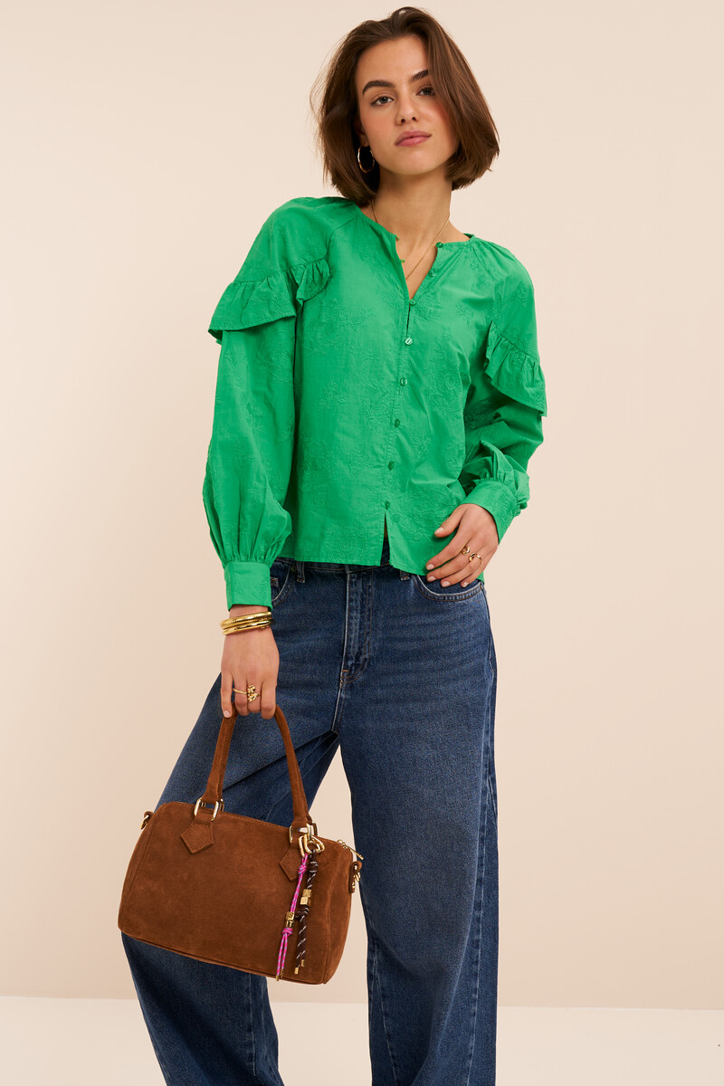 Green top with ruffles and embroidery details | My Jewellery