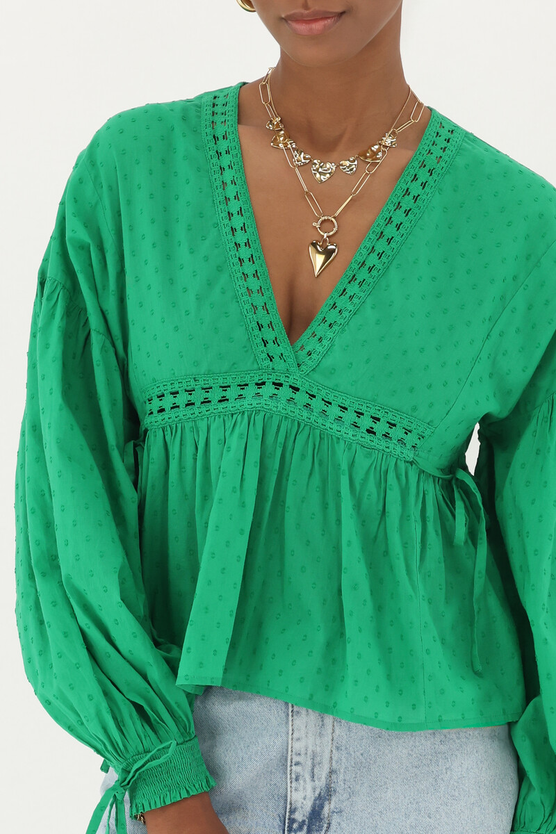 Green top with V-neck & bows | My Jewellery