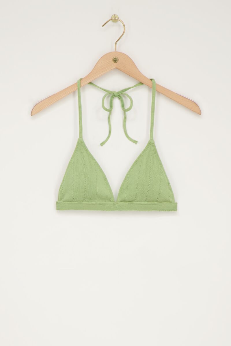 Green triangle bikini top with ruffle & rib | My Jewellery