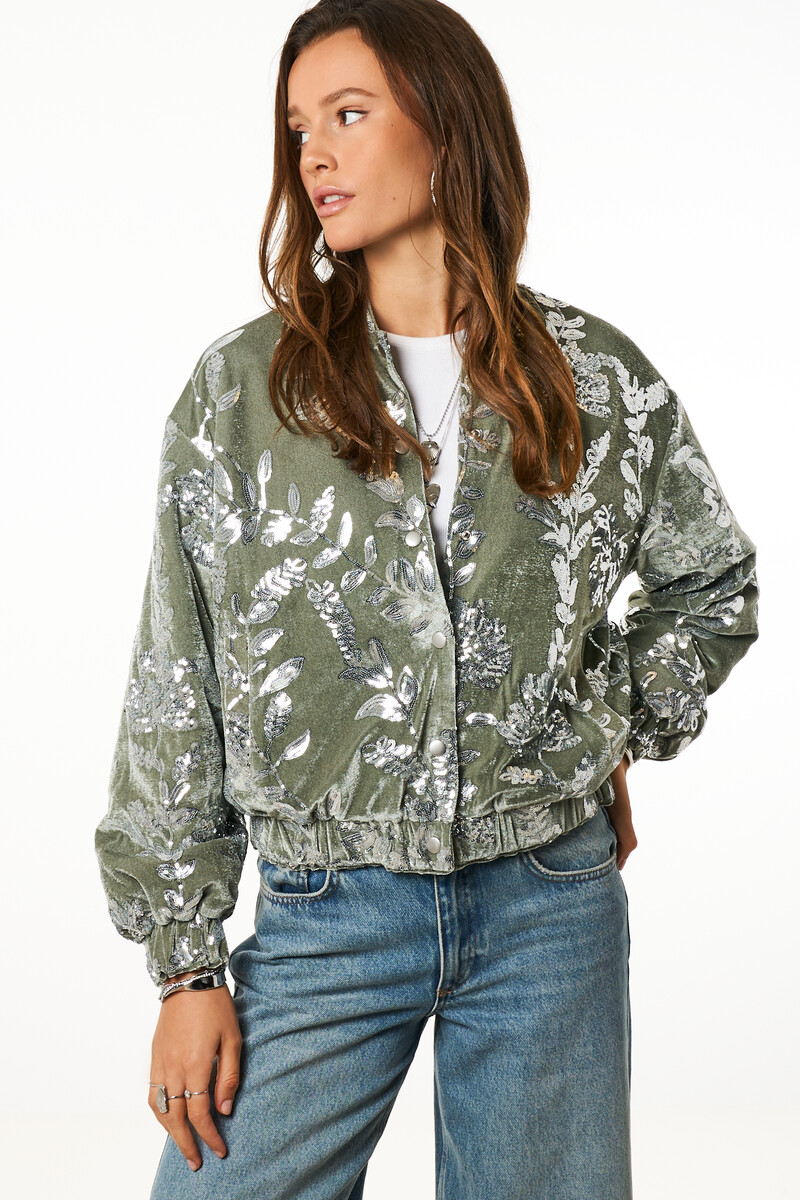 Green velvet bomber with sequins | My Jewellery