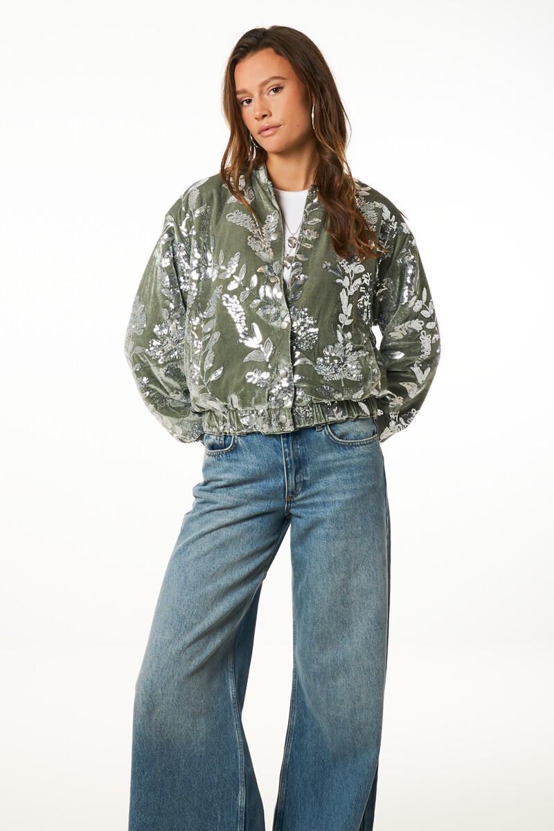 Green velvet bomber with sequins | My Jewellery