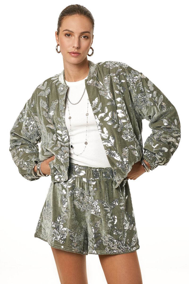 Green velvet shorts with sequins | My Jewellery