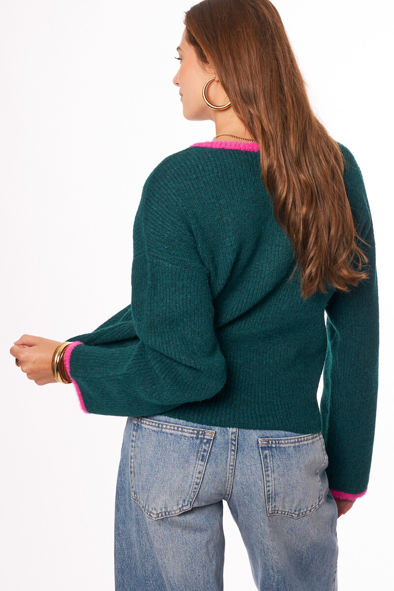 Green cardigan with pink contrast | My Jewellery