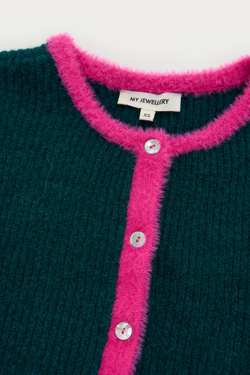 Green cardigan with pink contrast | My Jewellery