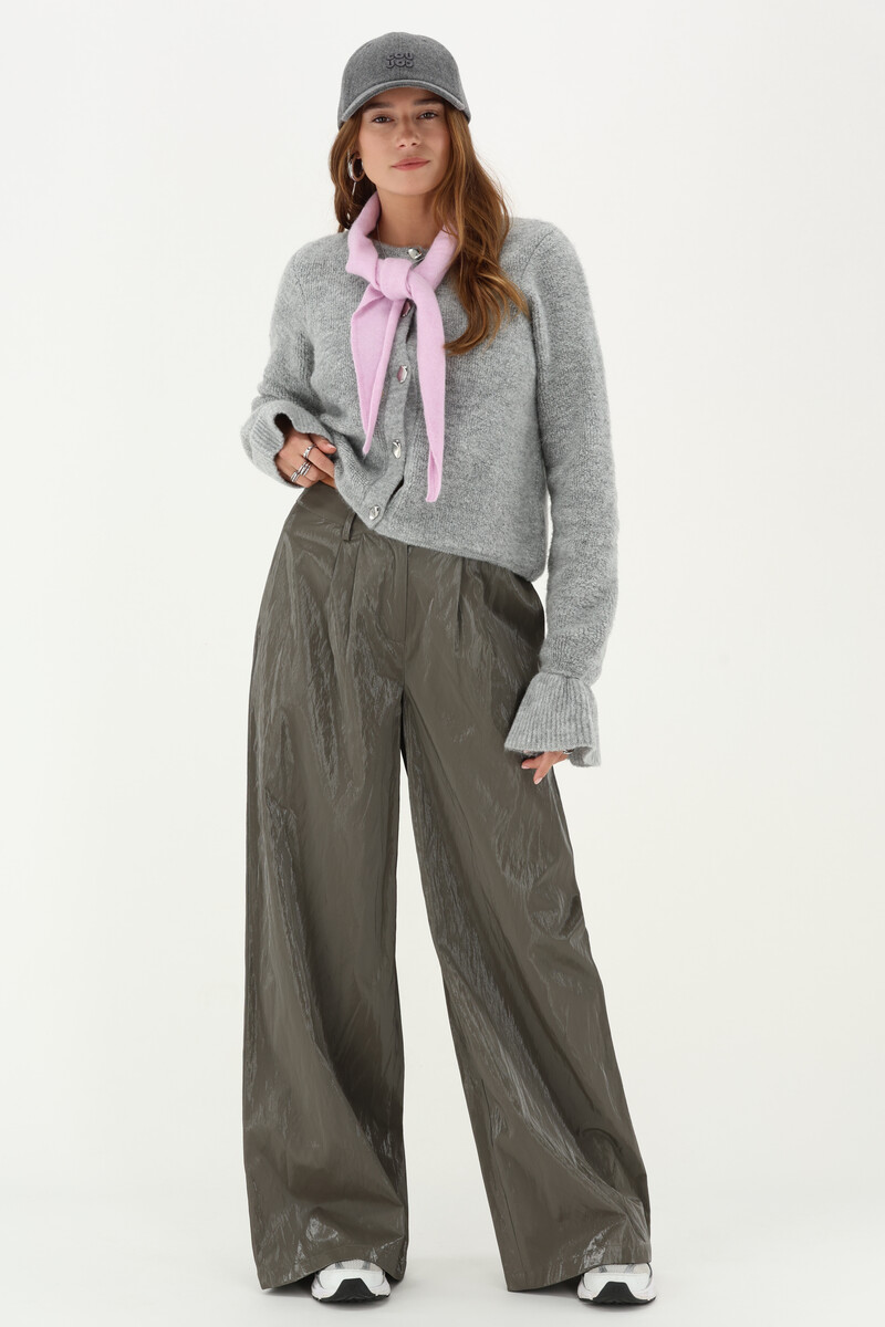 Green wide PU trousers with pleats | My Jewellery