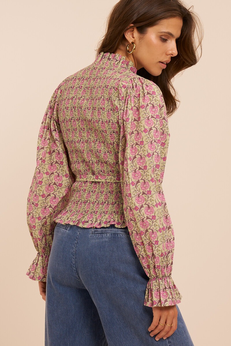 Green wrap top with floral print and smock | My Jewellery