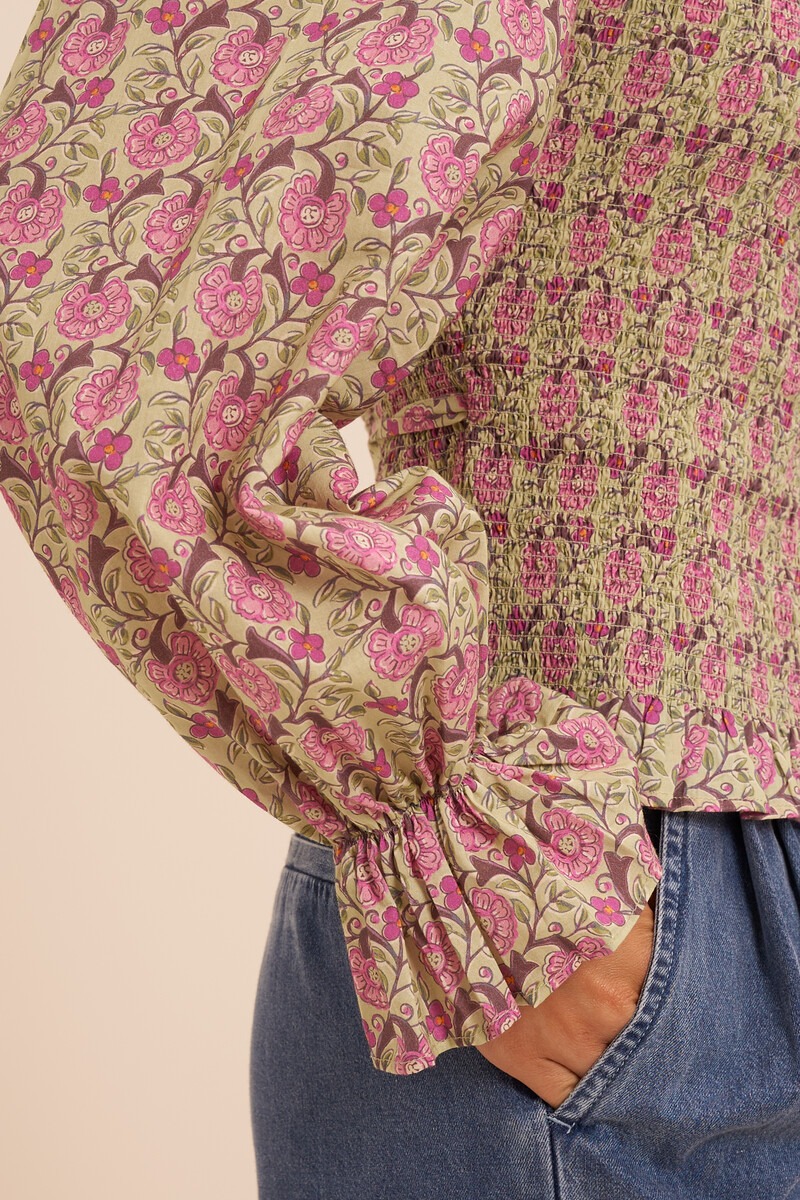 Green wrap top with floral print and smock | My Jewellery