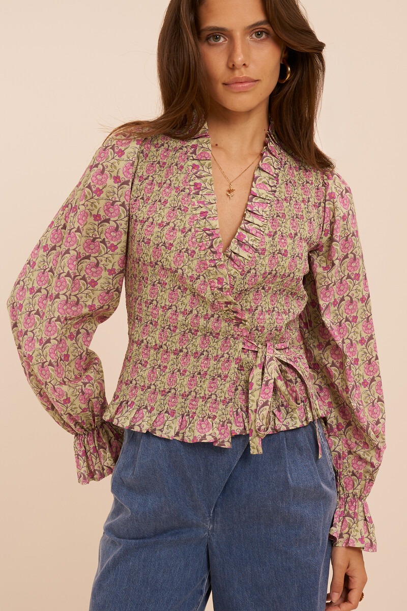 Green wrap top with floral print and smock | My Jewellery