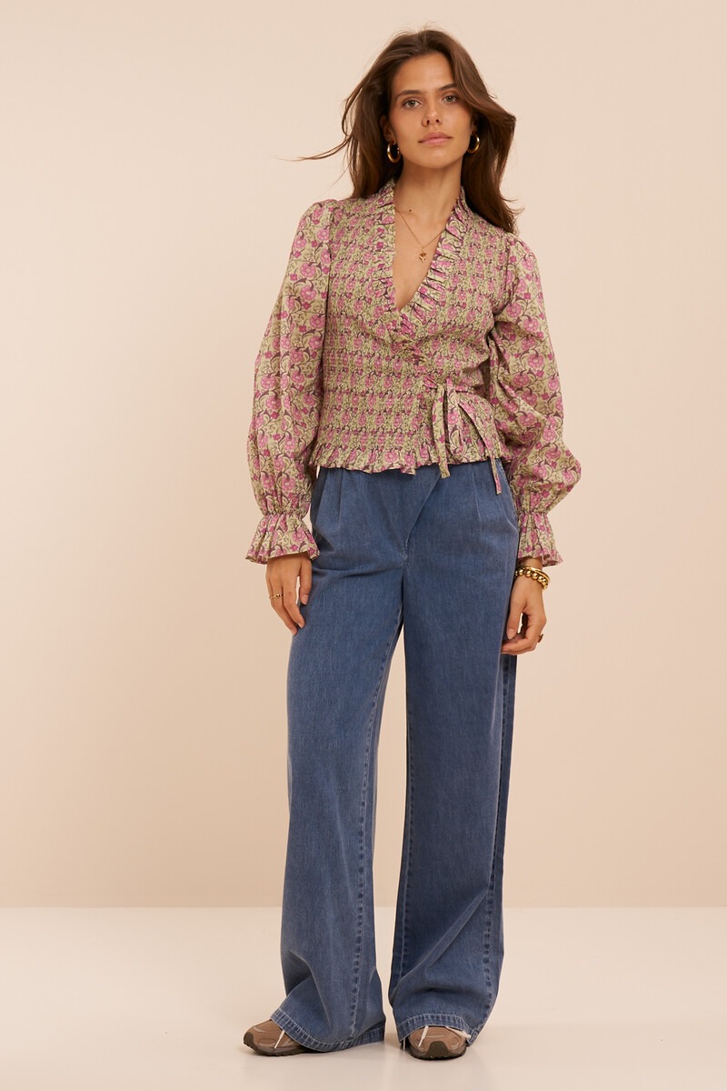 Green wrap top with floral print and smock | My Jewellery
