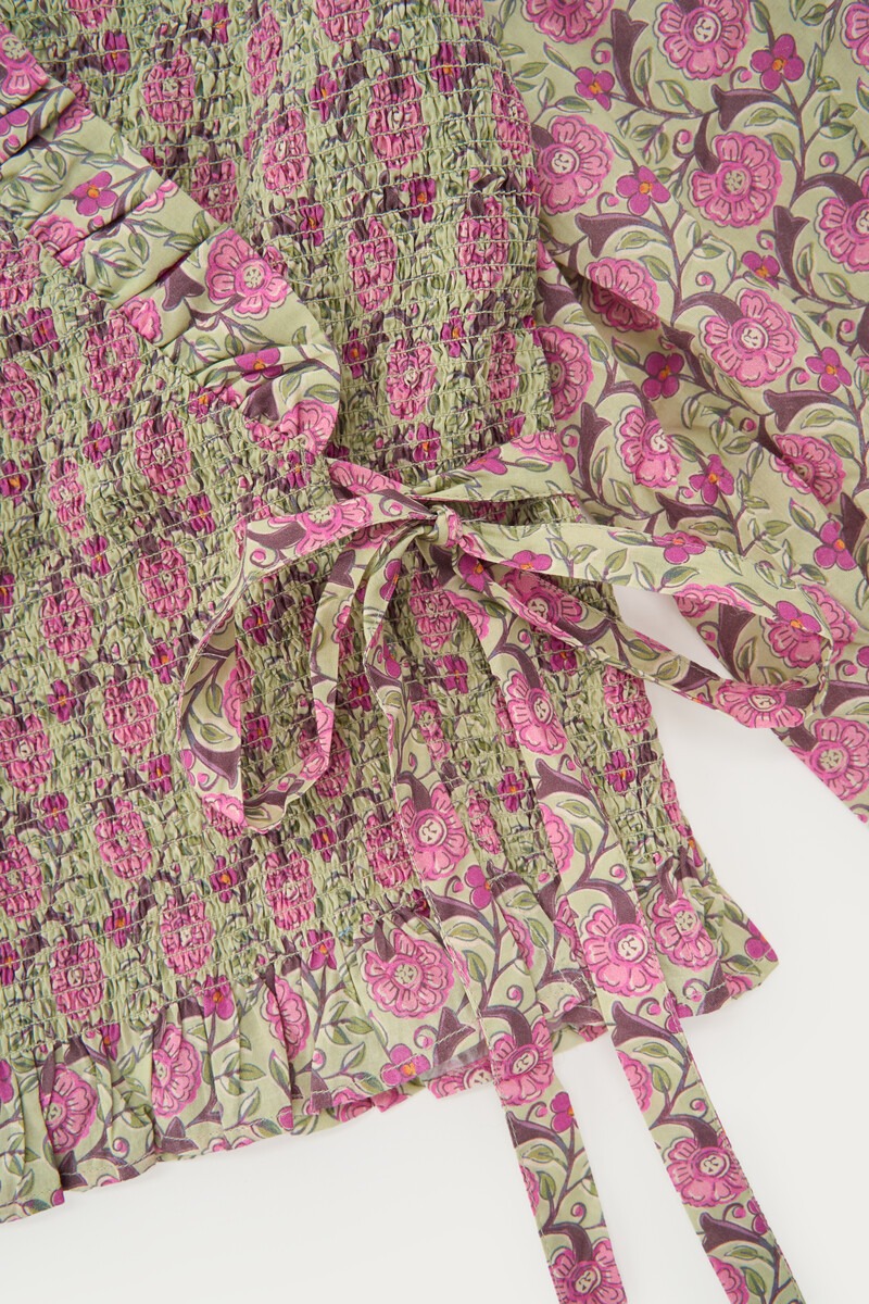 Green wrap top with floral print and smock | My Jewellery