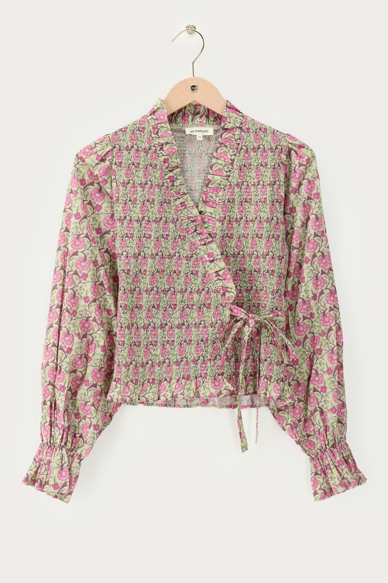 Green wrap top with floral print and smock | My Jewellery
