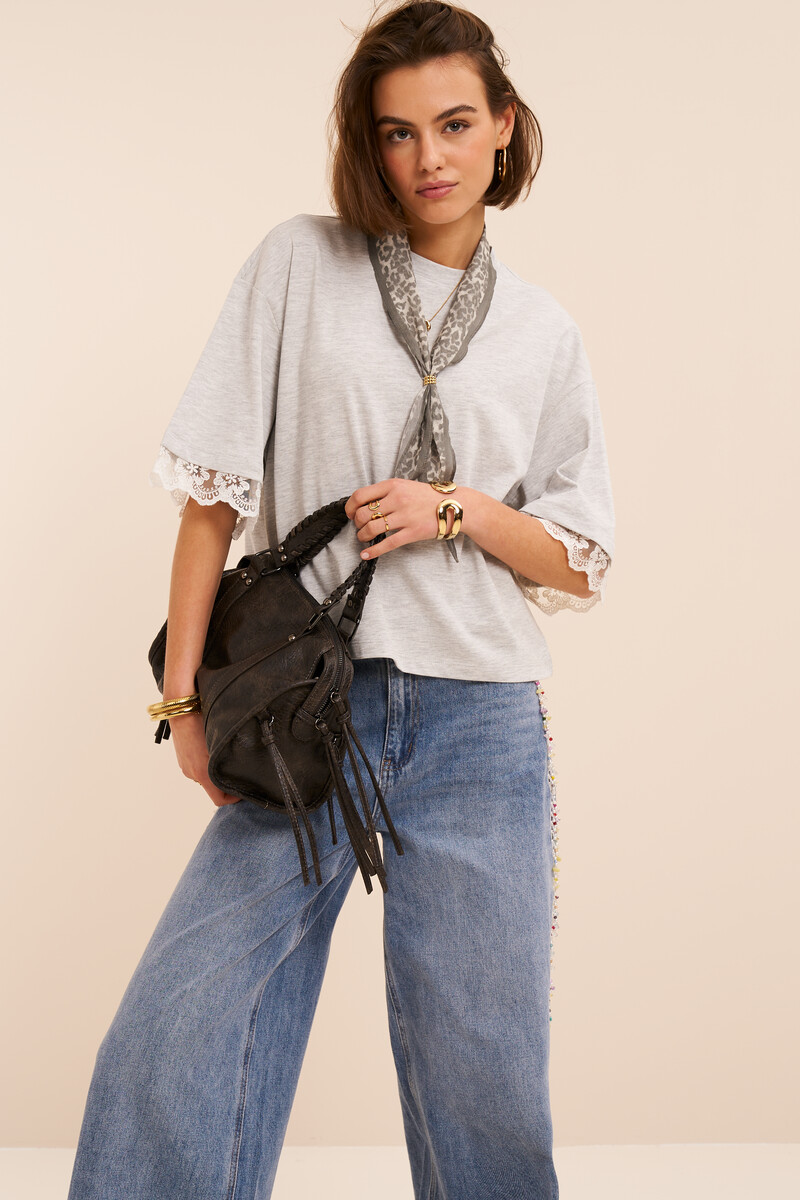 Grey boxy T-shirt with lace sleeves | My Jewellery