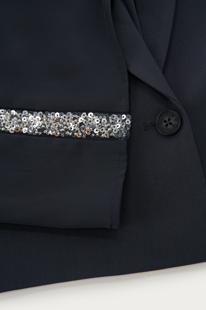 Grey cropped blazer with satin sleeves & sequin tapes | My Jewellery