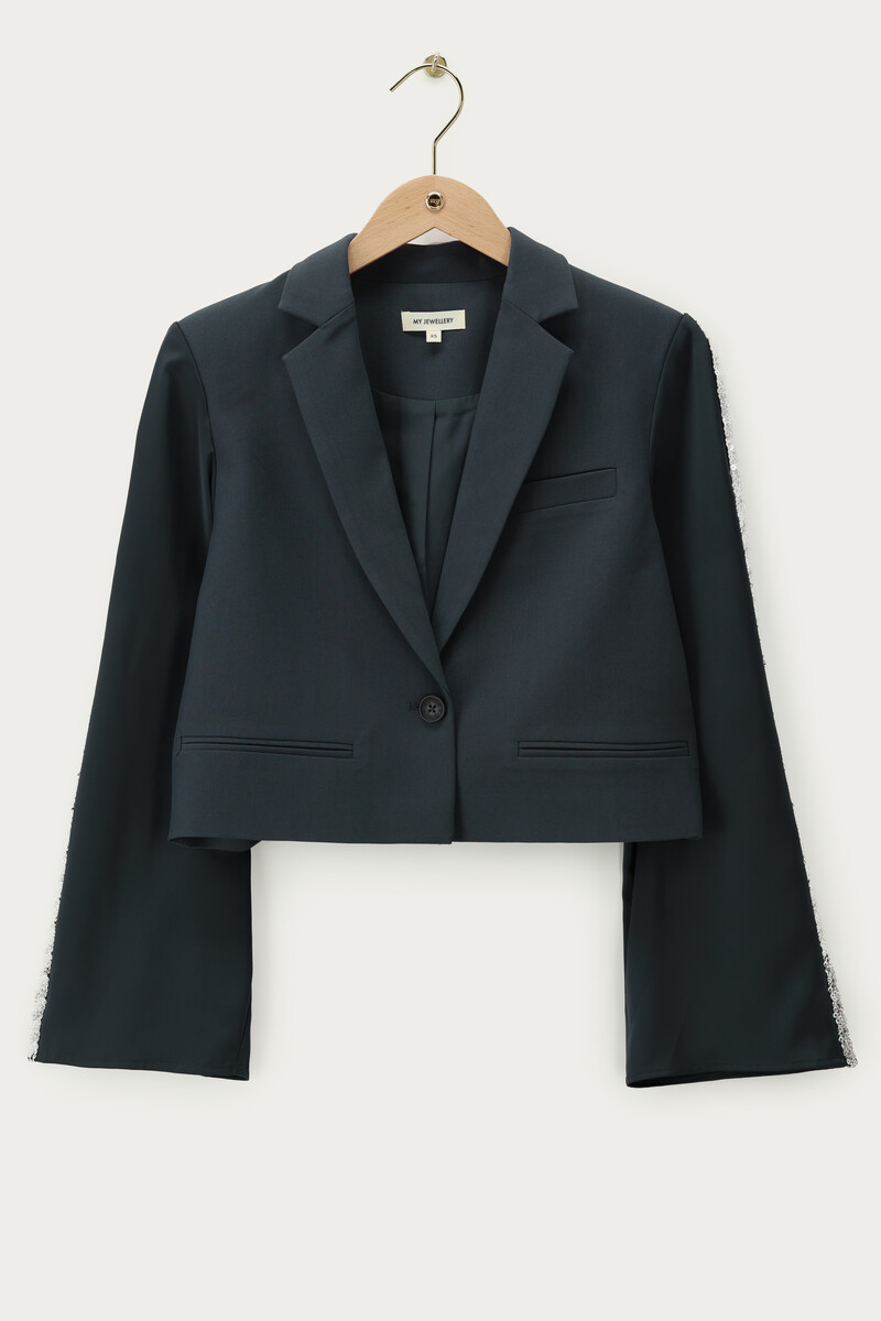Grey cropped blazer with satin sleeves & sequin tapes | My Jewellery
