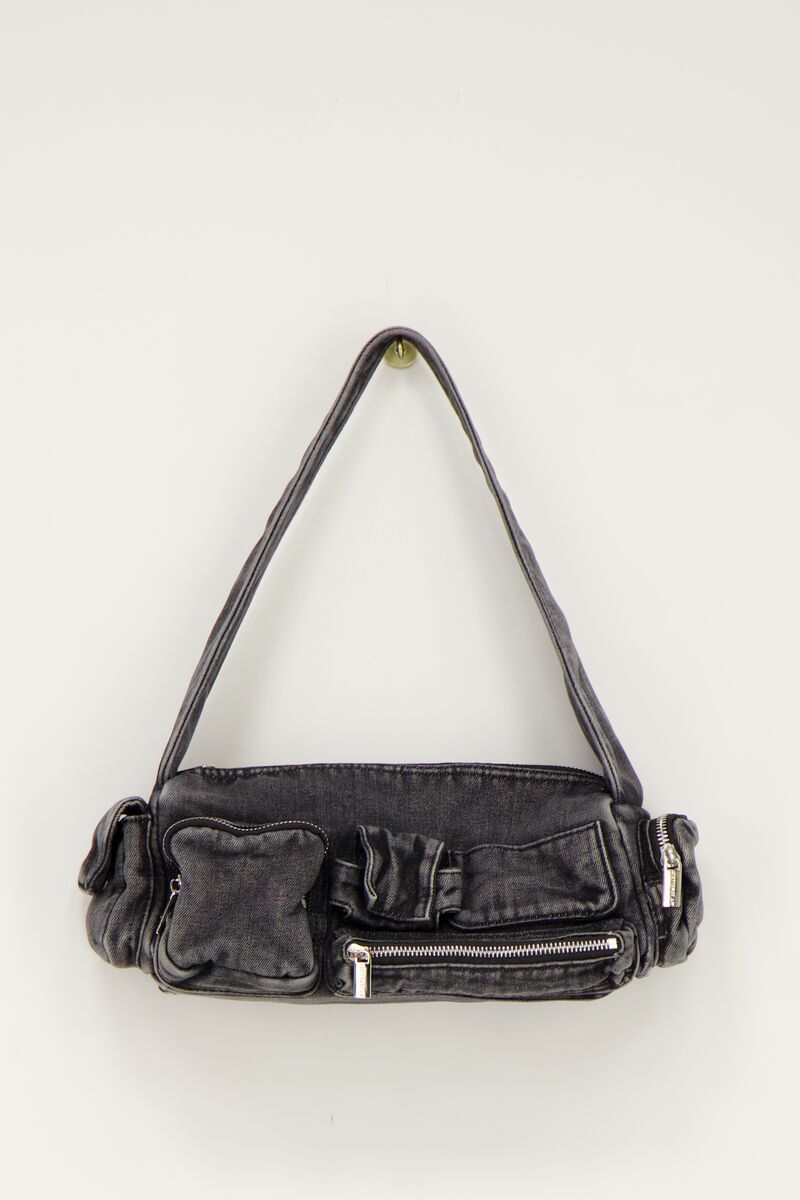 Grijze denim schoudertas met vakjes en ritsen