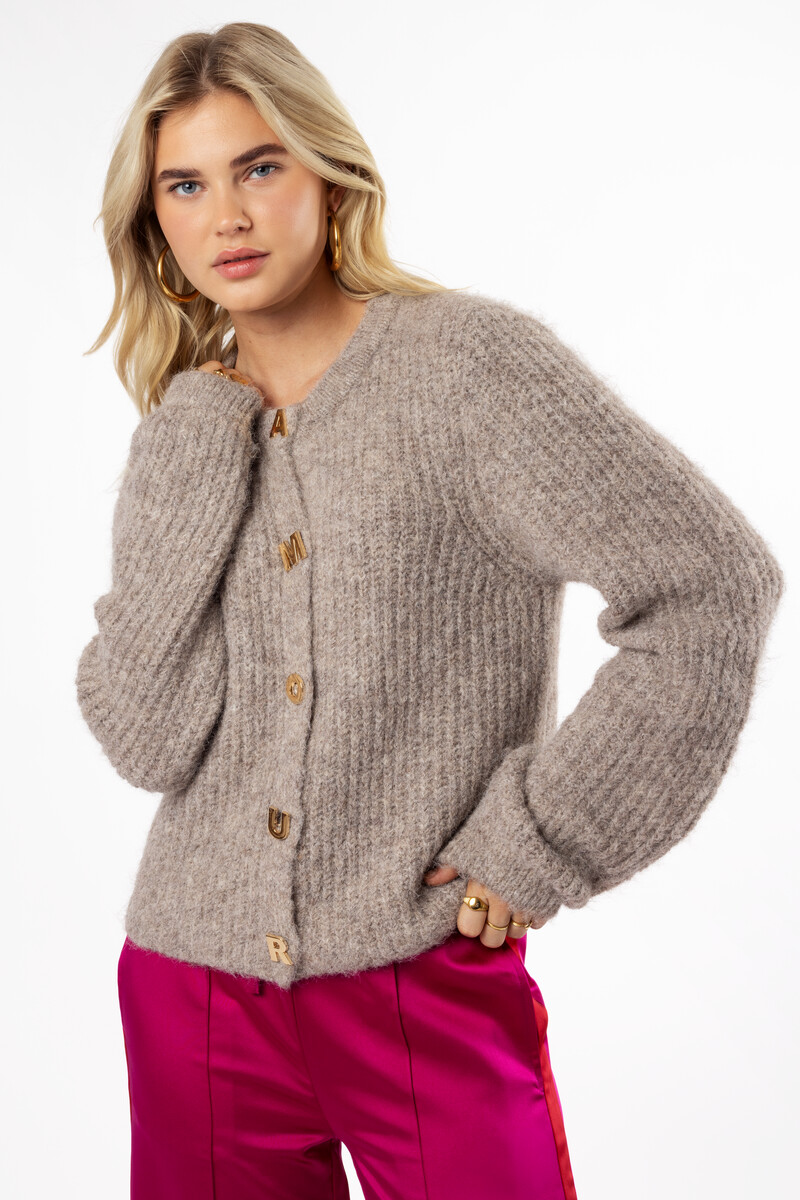 Grey knit cardigan with l'amour buttons | My Jewellery
